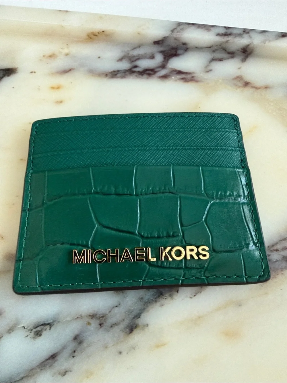 Michael Kors Green Croc-Embossed Leather Card Case with Gold Logo